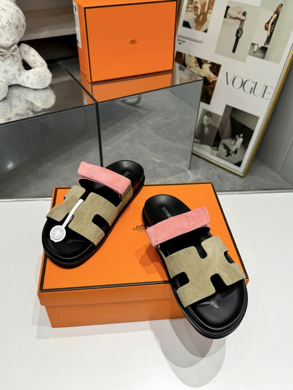 Hermes Sandal Chypre Velvet Olive Green Rosa