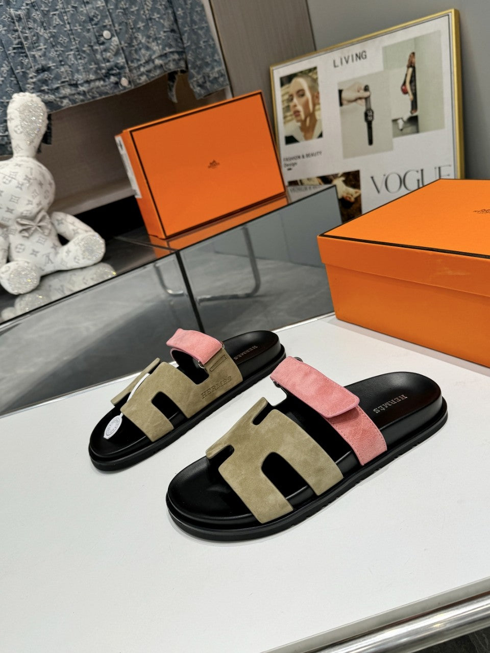 Hermes Sandal Chypre Velvet Olive Green Rosa