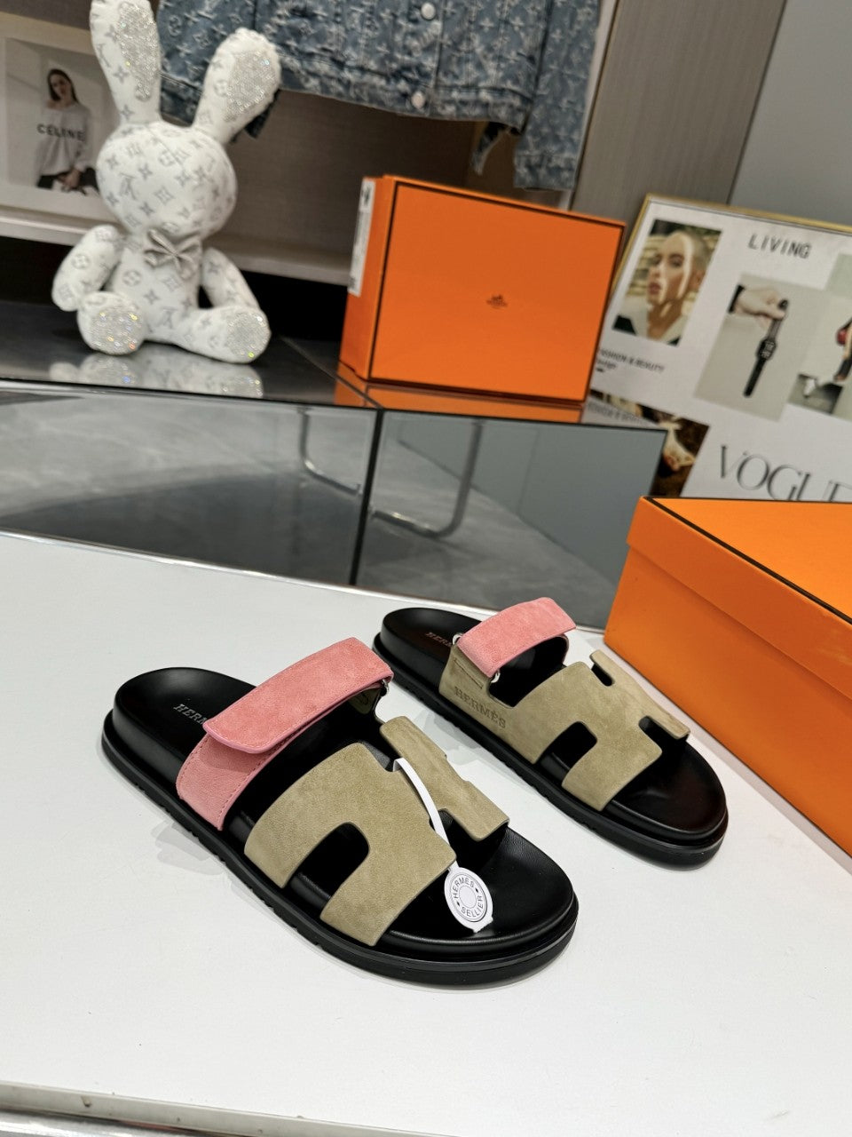 Hermes Sandal Chypre Velvet Olive Green Rosa