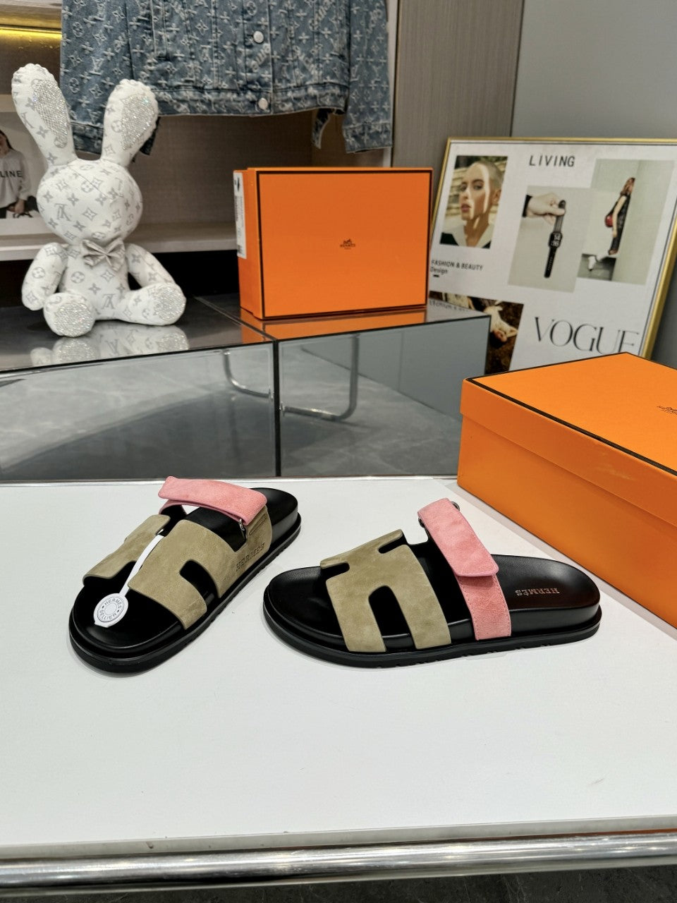 Hermes Sandal Chypre Velvet Olive Green Rosa