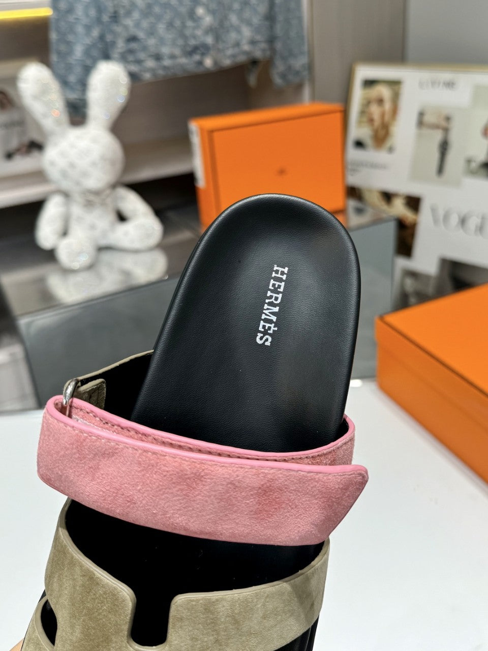 Hermes Sandal Chypre Velvet Olive Green Rosa