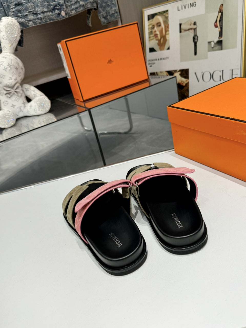 Hermes Sandal Chypre Velvet Olive Green Rosa