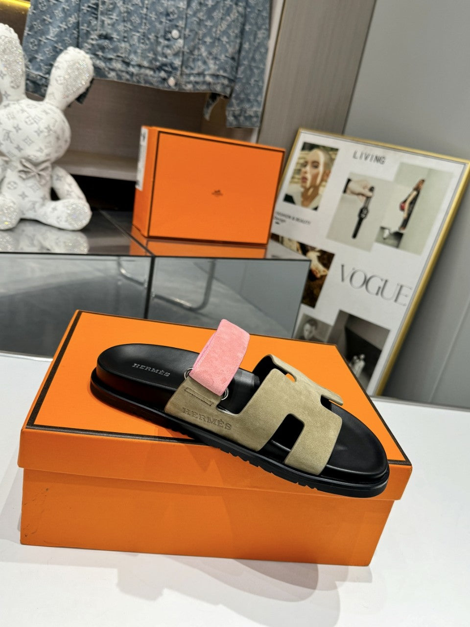 Hermes Sandal Chypre Velvet Olive Green Rosa