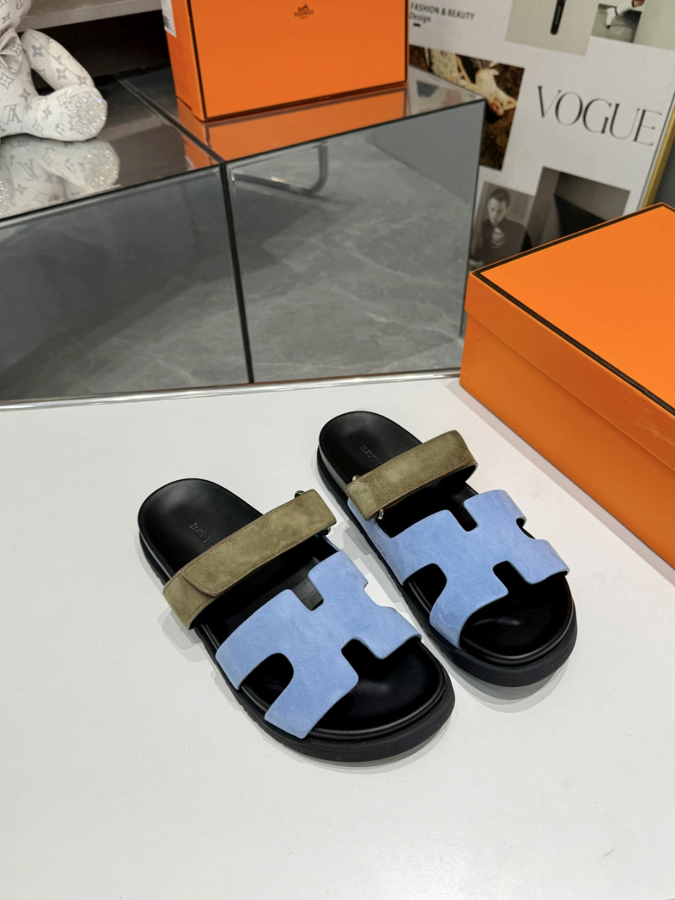 Hermes Sandal Chypre Velvet Baby Blue Olive Green