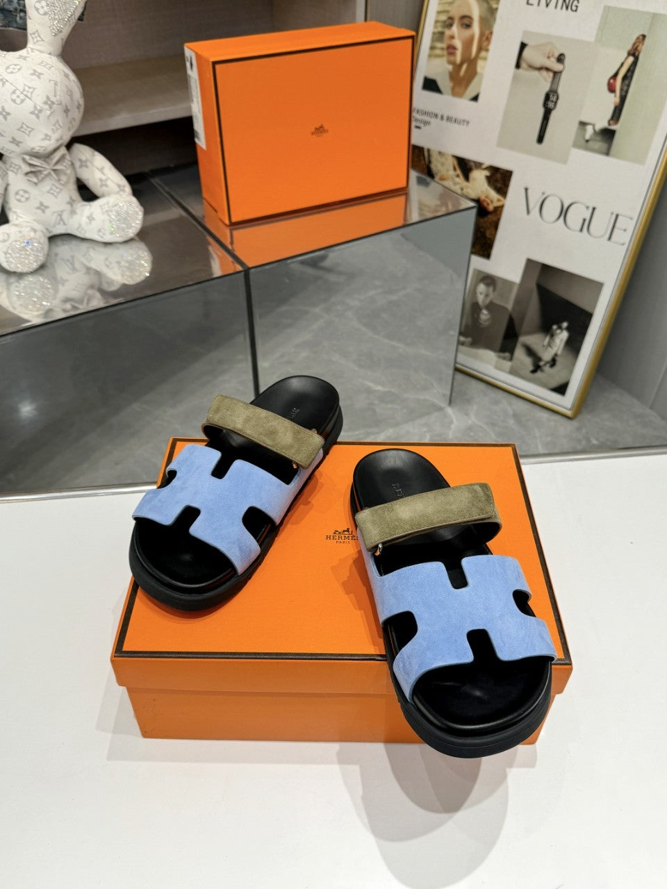 Hermes Sandal Chypre Velvet Baby Blue Olive Green