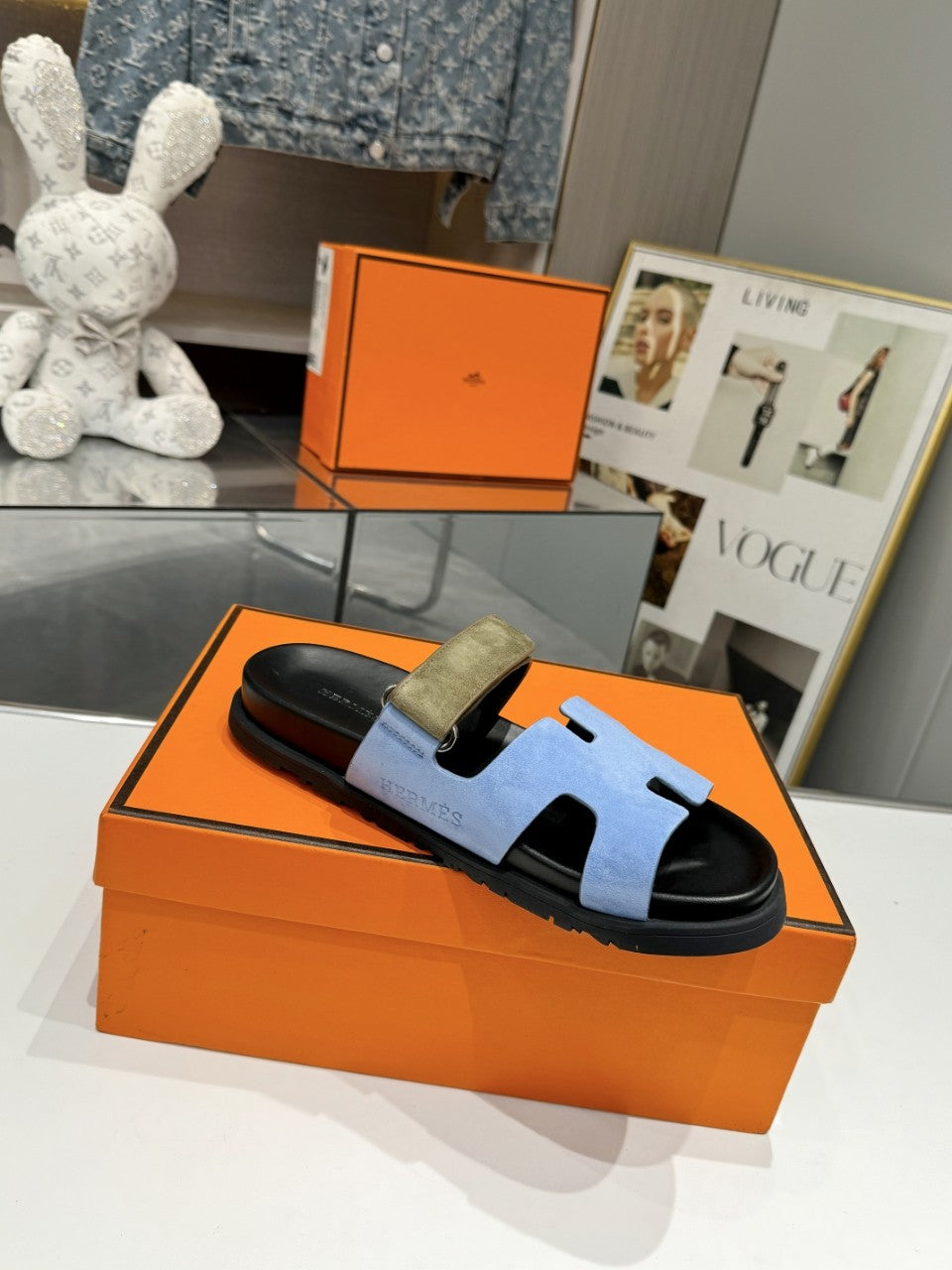 Hermes Sandal Chypre Velvet Baby Blue Olive Green