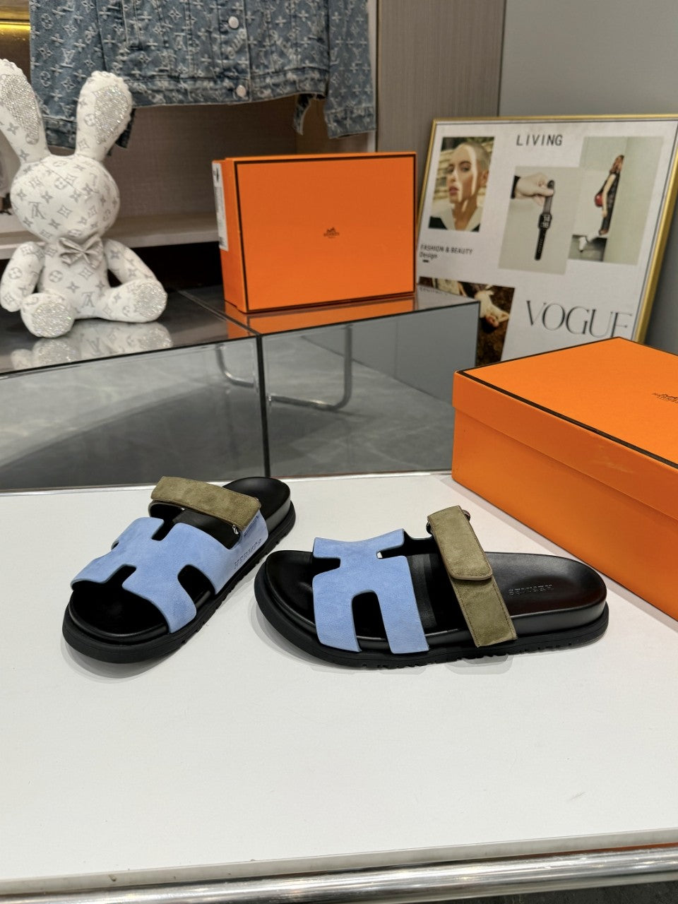 Hermes Sandal Chypre Velvet Baby Blue Olive Green