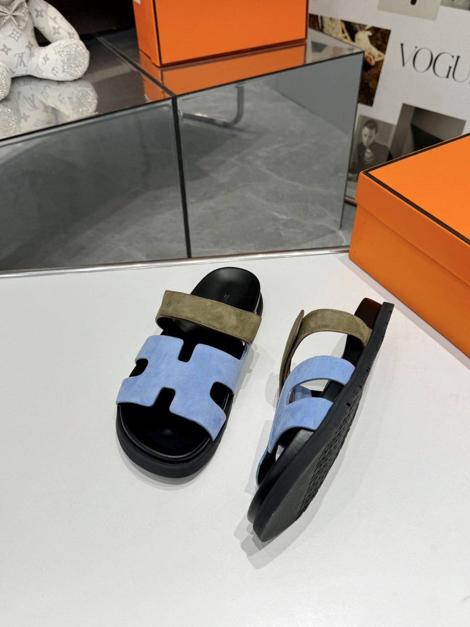 Hermes Sandal Chypre Velvet Baby Blue Olive Green